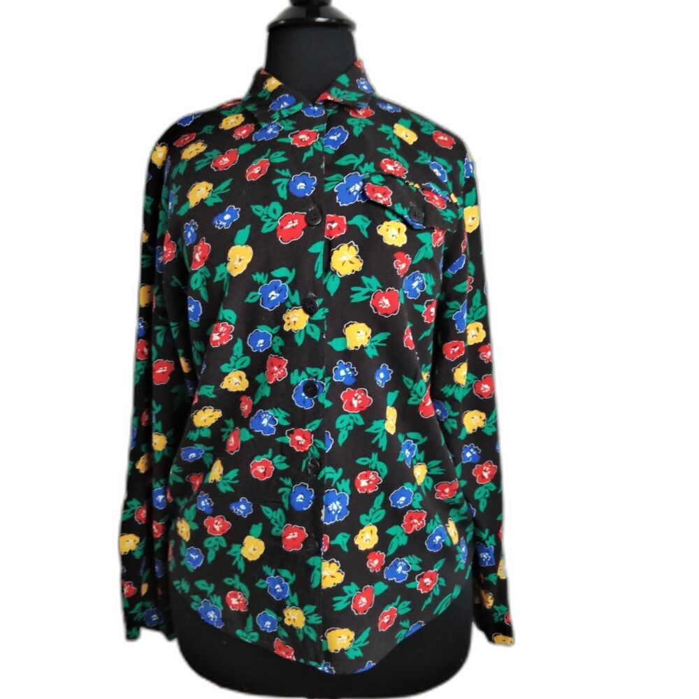 Prophecy Black Colorful Floral Prints 100% Rayon Button Up Shirt Sz10